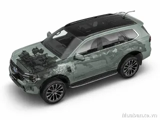 Ford Everest màu xanh dương góc 3/4 trước với thiết kế hiện đại.