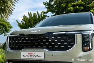 Kia Carnival mặt ca lăng nhìn trước, màu xanh nhạt