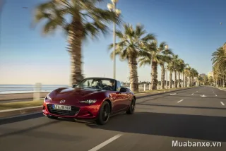 Mazda MX-5 màu đỏ 3/4 trước trên đường ven biển (góc khác)