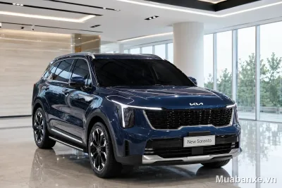 Kia Sorento màu xanh dương góc 3/4 trước, thiết kế hiện đại và sang trọng.