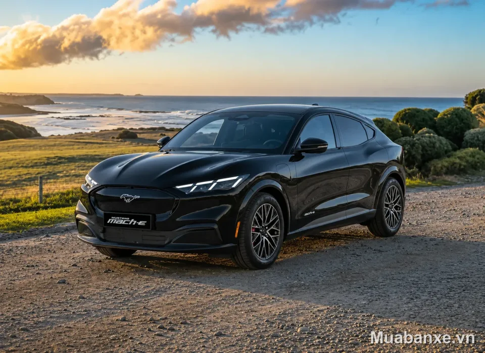 Ford Mustang Mach-E màu đen 3/4 trước Ford Mustang Mach-E màu đen góc 3/4 trước bên biển