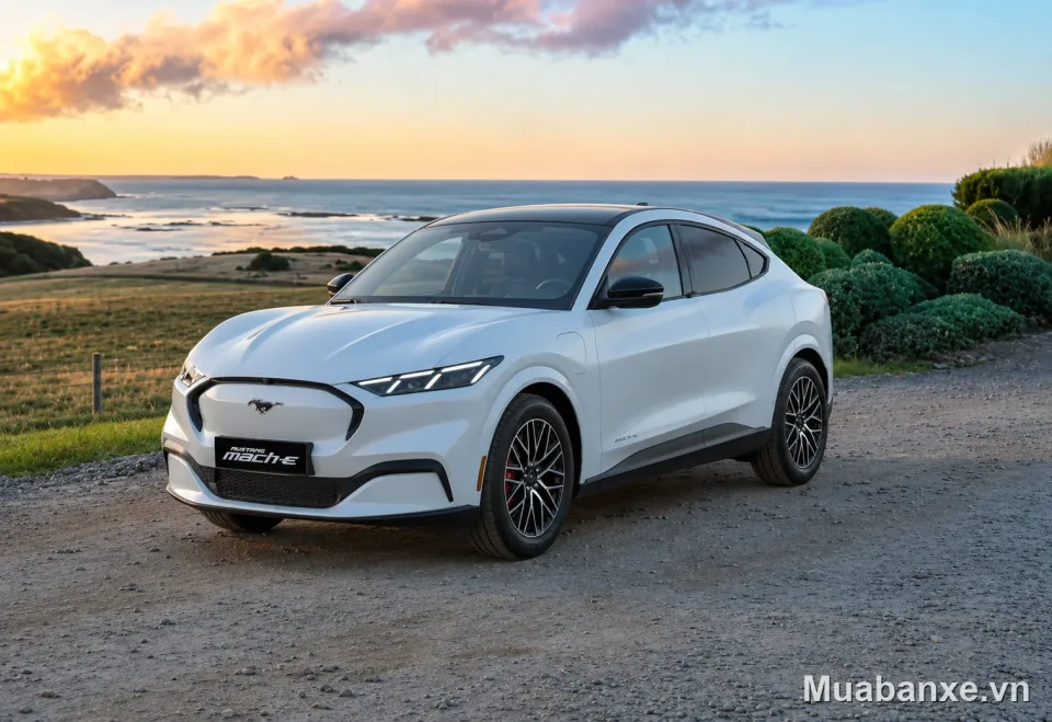 Ford Mustang Mach-E màu trắng (cận cảnh) Ford Mustang Mach-E màu trắng nhìn từ góc 3/4 trước