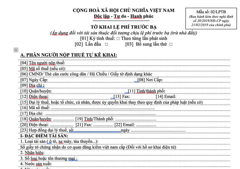 to khai le phi truoc ba xe o to
