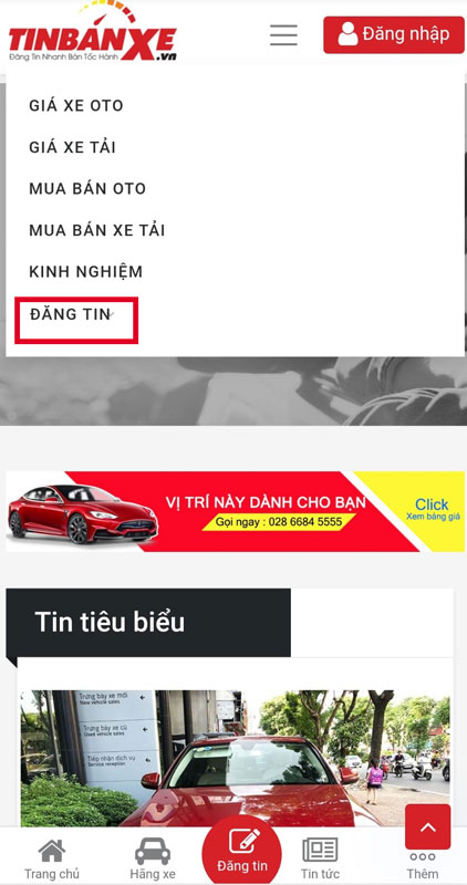 chon “dang tin” va bat dau dang tin tin ban xe