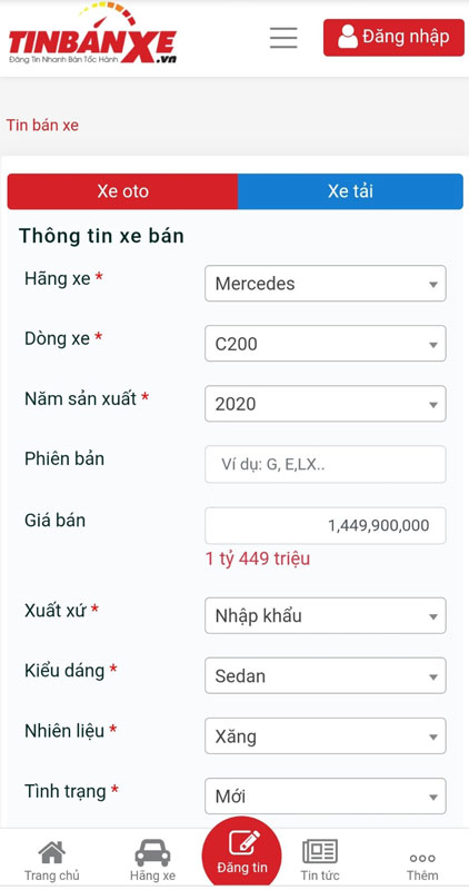 dien cac thong tin mo ta day du ve xe tin ban xe