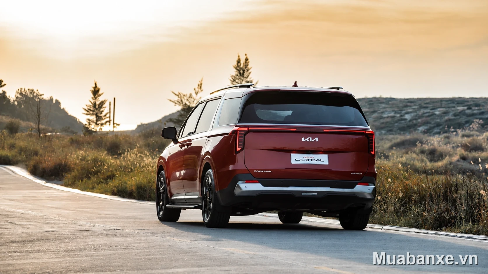 Kia Carnival đuôi xe màu đỏ nhìn từ sau