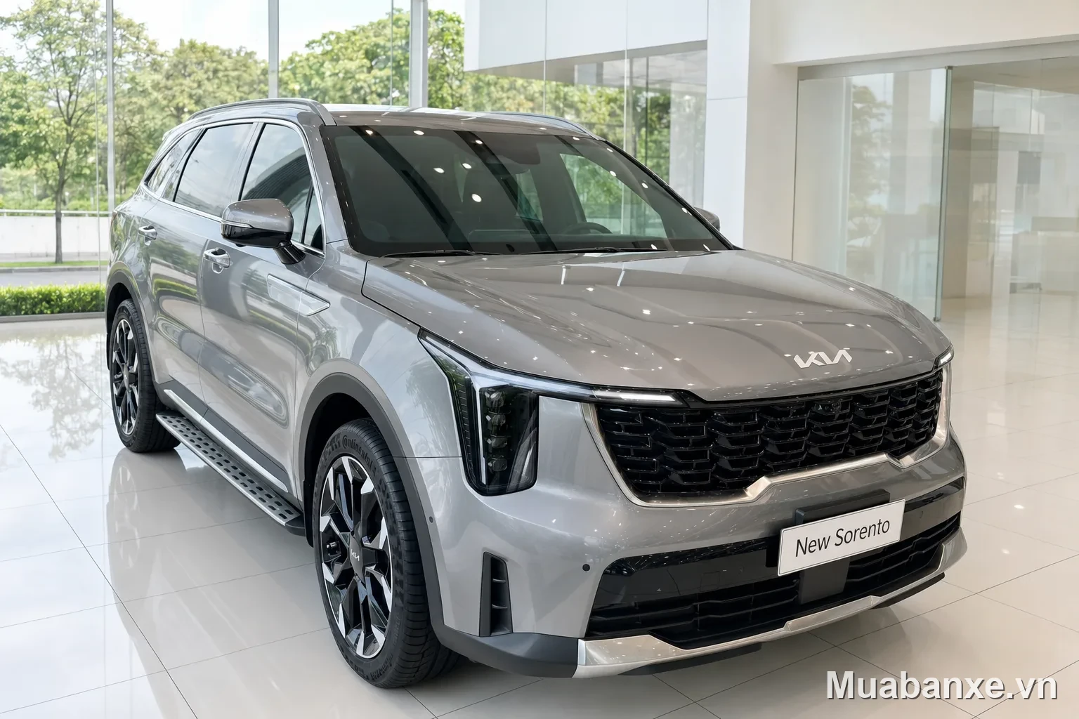Kia Sorento màu bạc góc 3/4 trước, thiết kế hiện đại và sang trọng.
