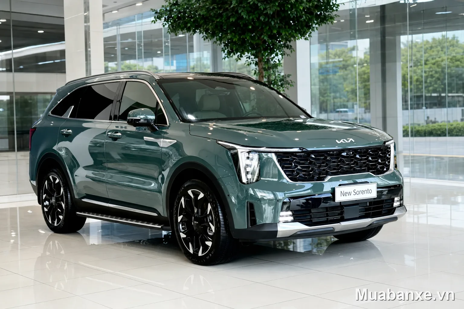 Kia Sorento màu xanh 3/4 trước, thiết kế hiện đại và sang trọng.
