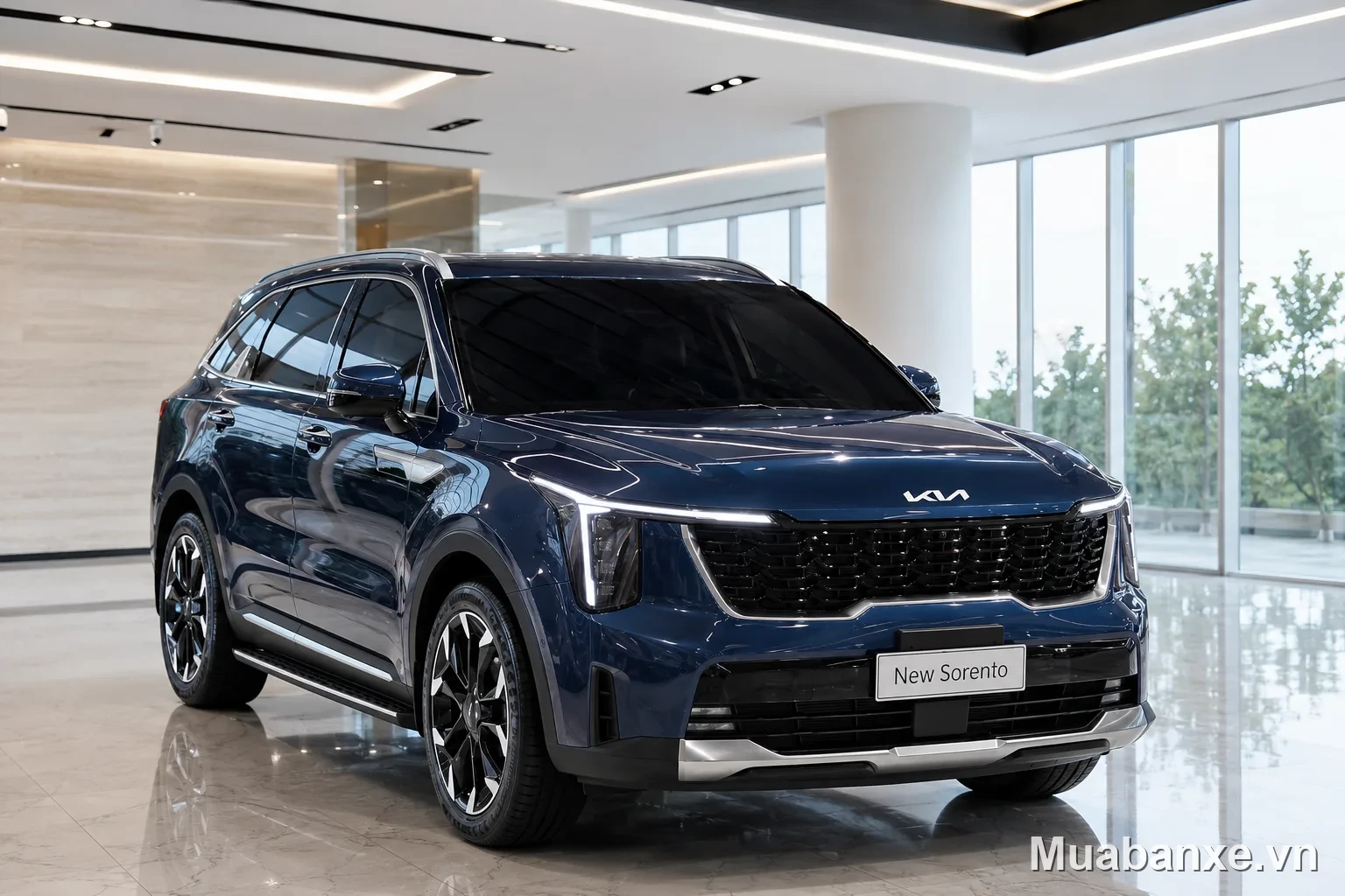 Kia Sorento màu xanh dương góc 3/4 trước, thiết kế hiện đại và sang trọng.