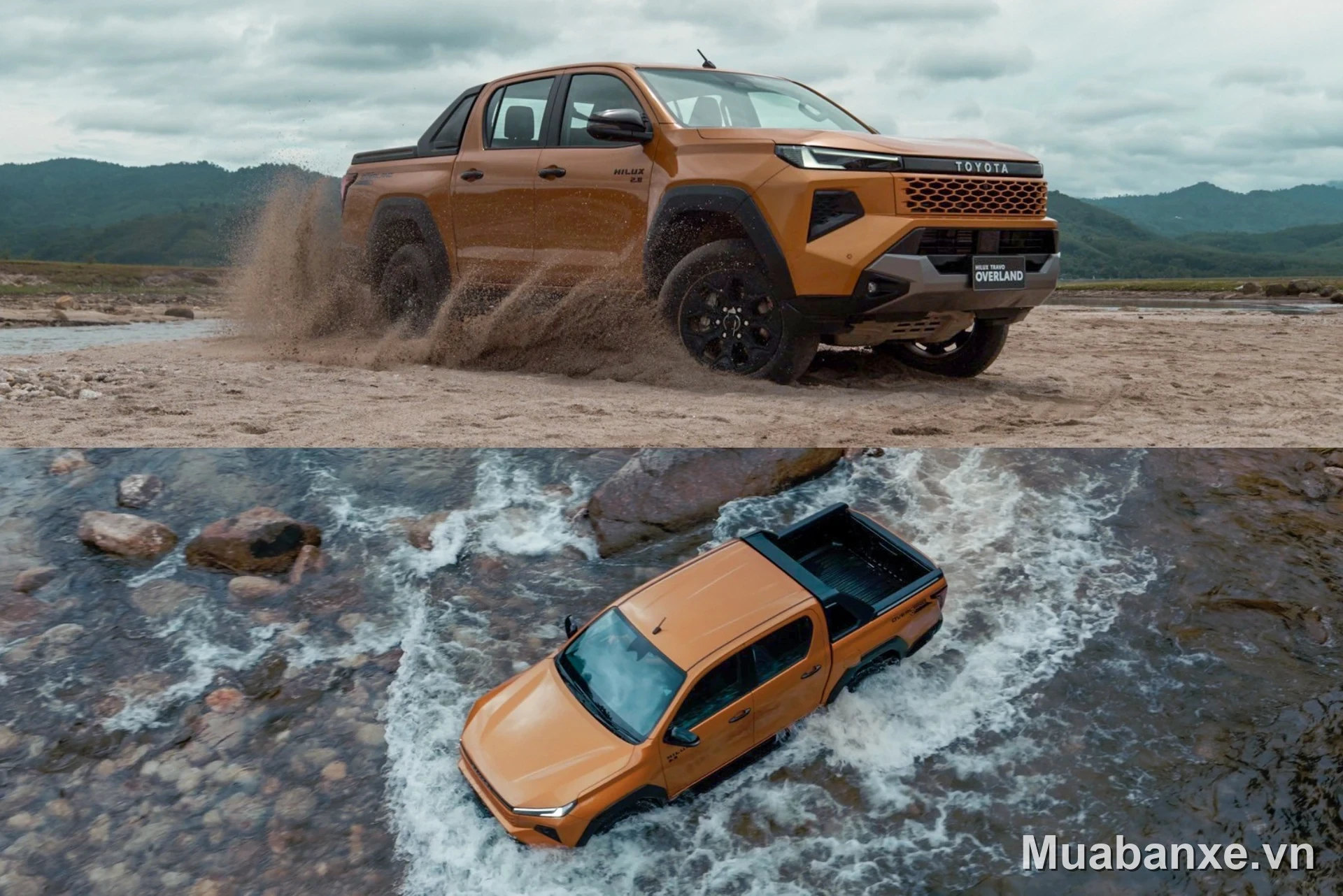 Toyota Hilux màu cam 3/4 trước, thể hiện vẻ mạnh mẽ và cá tính